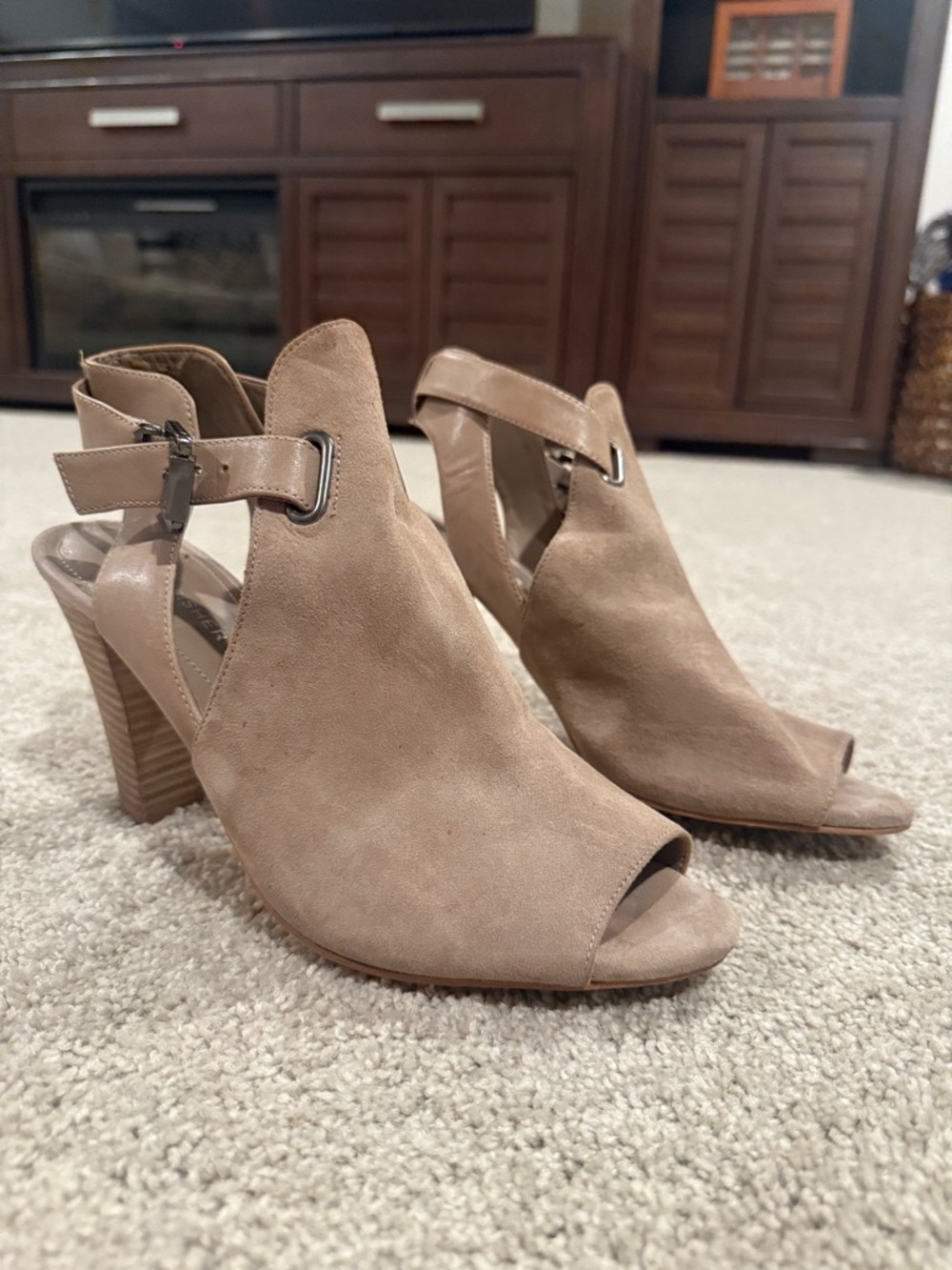 Marc Fisher Taupe Suede Open-Toe Slingback Heels
